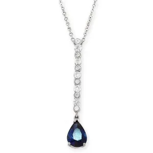 Teardrop Blue Sapphire & Diamond Long Pendant Necklace, 18k White Gold