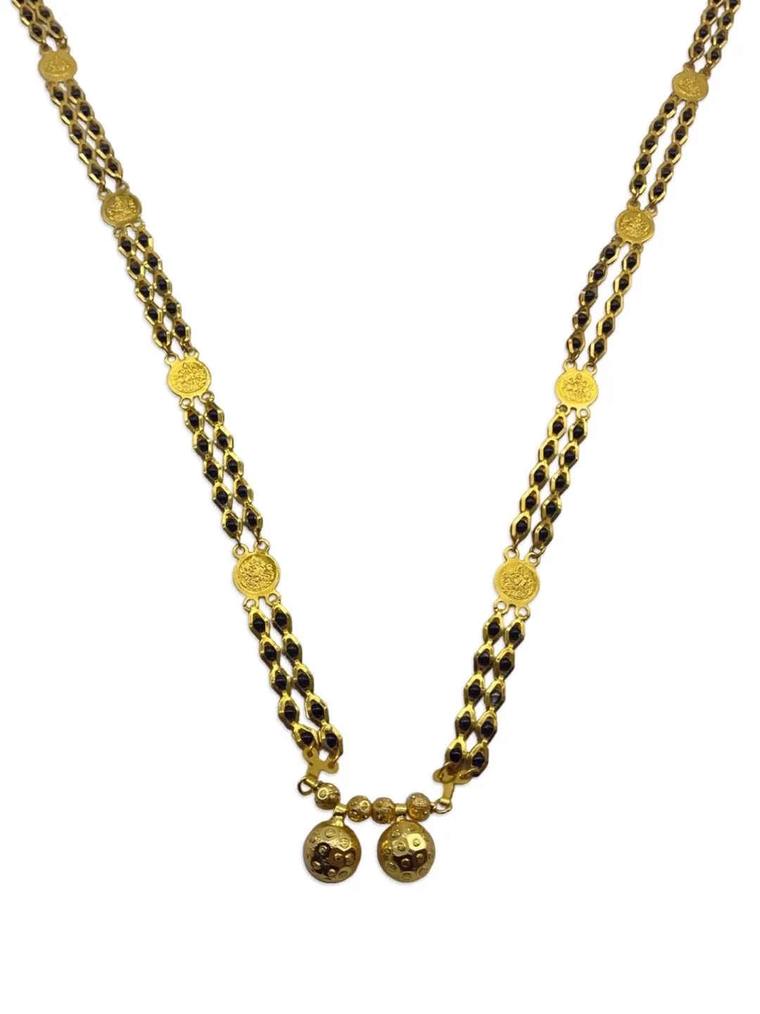 Traditional Long Mangalsutra Vati Designs 2 Line Lakshmi (Laxmi) Coin With Black Beads Chain