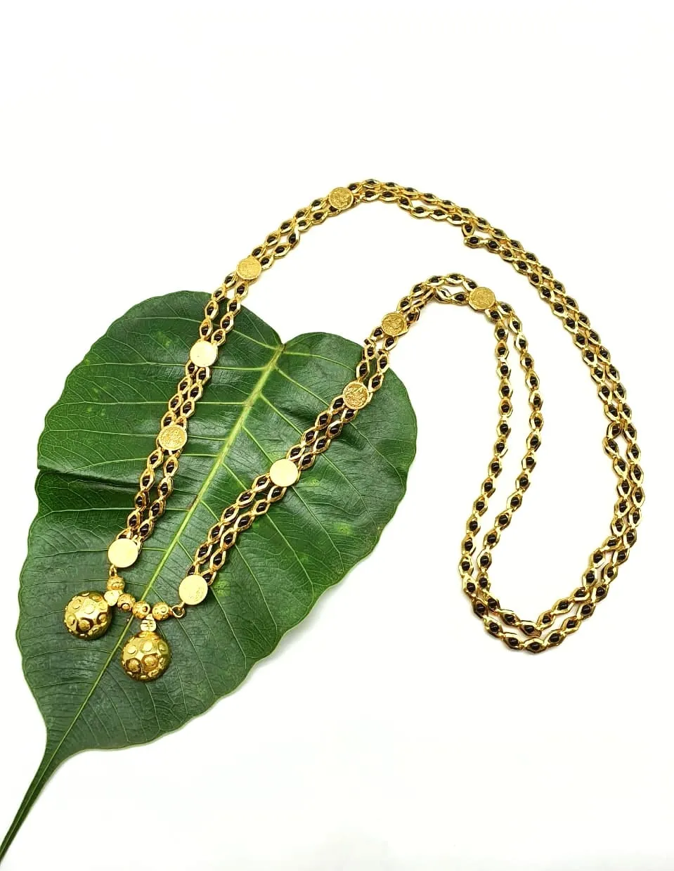 Traditional Long Mangalsutra Vati Designs 2 Line Lakshmi (Laxmi) Coin With Black Beads Chain