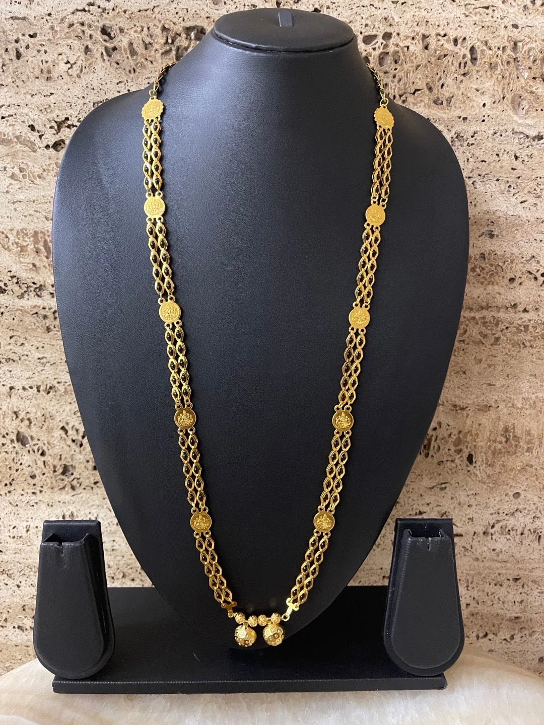 Traditional Long Mangalsutra Vati Designs 2 Line Lakshmi (Laxmi) Coin With Black Beads Chain