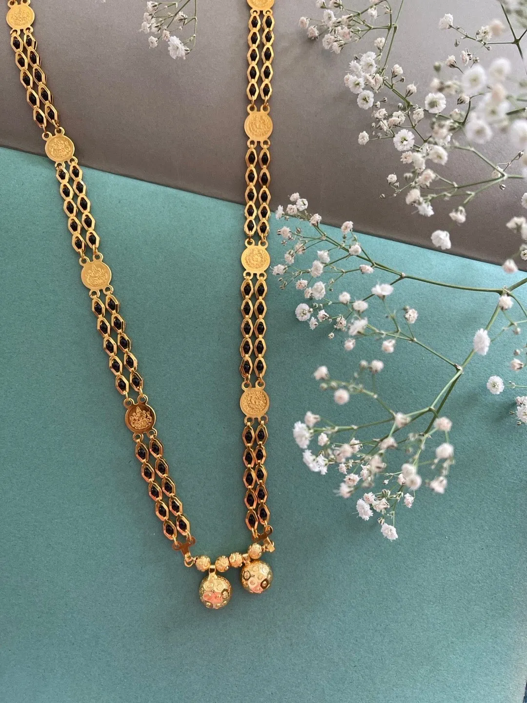 Traditional Long Mangalsutra Vati Designs 2 Line Lakshmi (Laxmi) Coin With Black Beads Chain