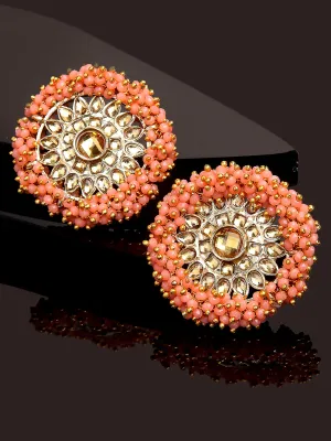 Traditional Peach Crystal Studded Gold Plated Kundan Stud Earrings