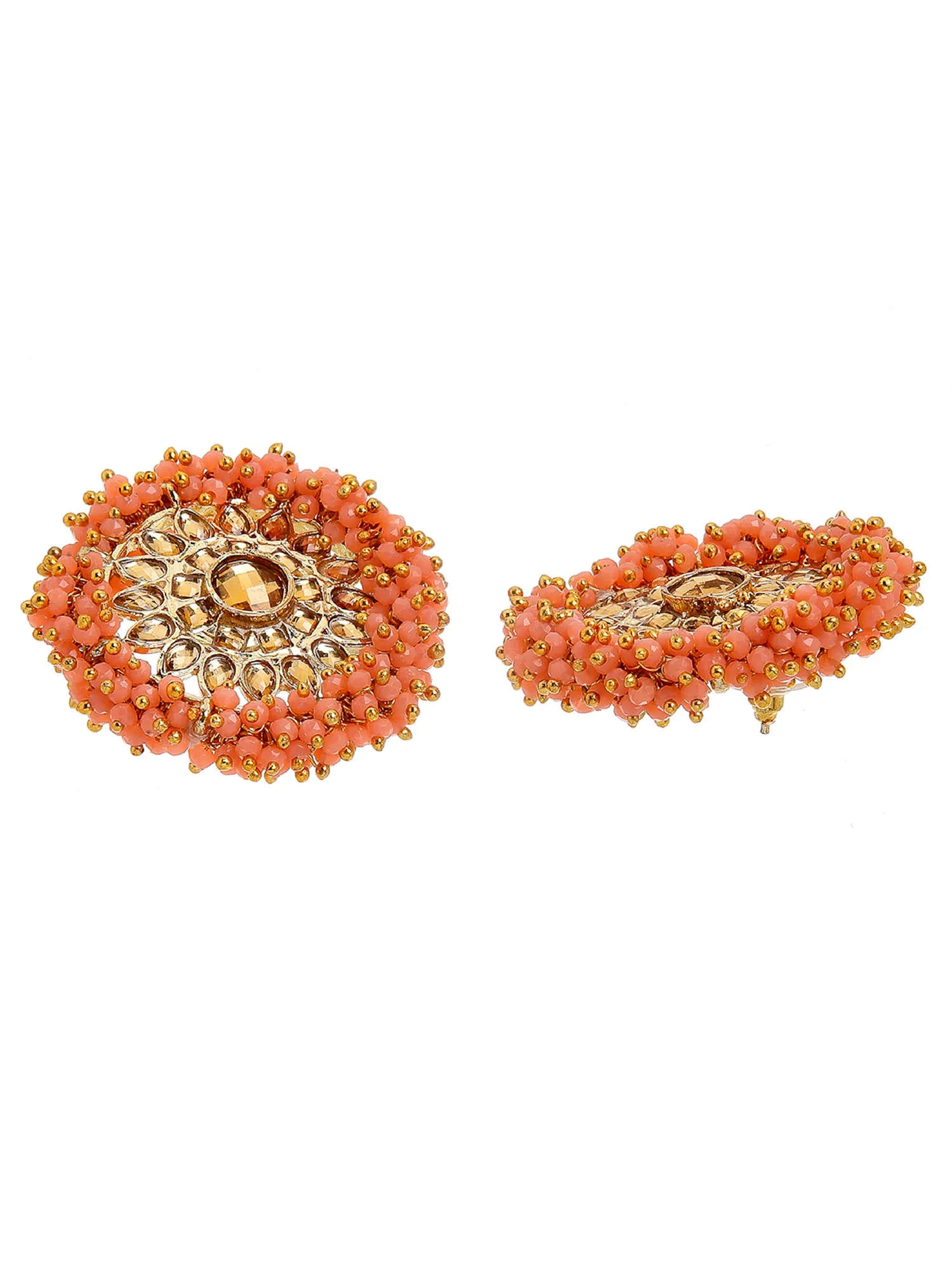 Traditional Peach Crystal Studded Gold Plated Kundan Stud Earrings