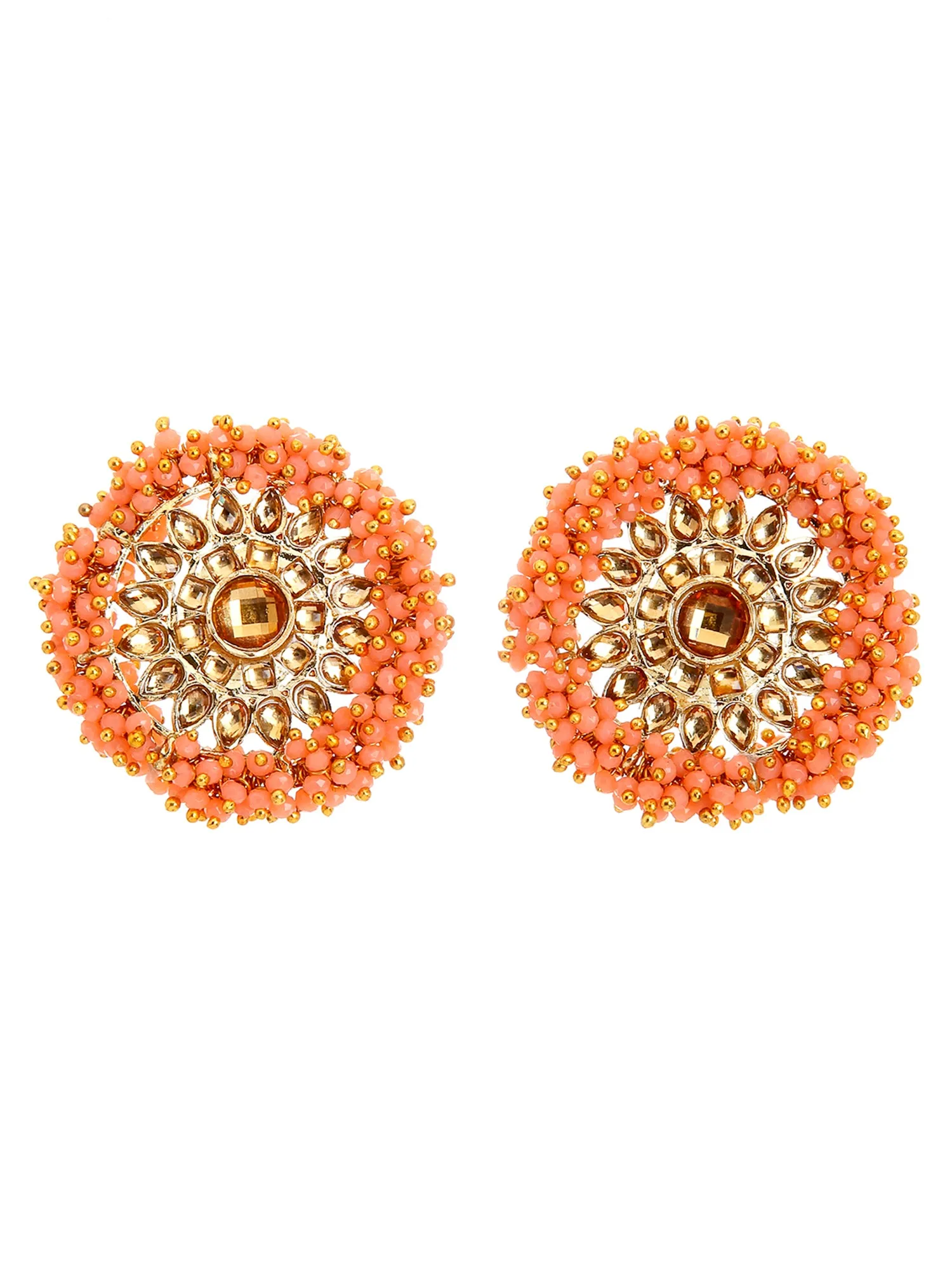 Traditional Peach Crystal Studded Gold Plated Kundan Stud Earrings
