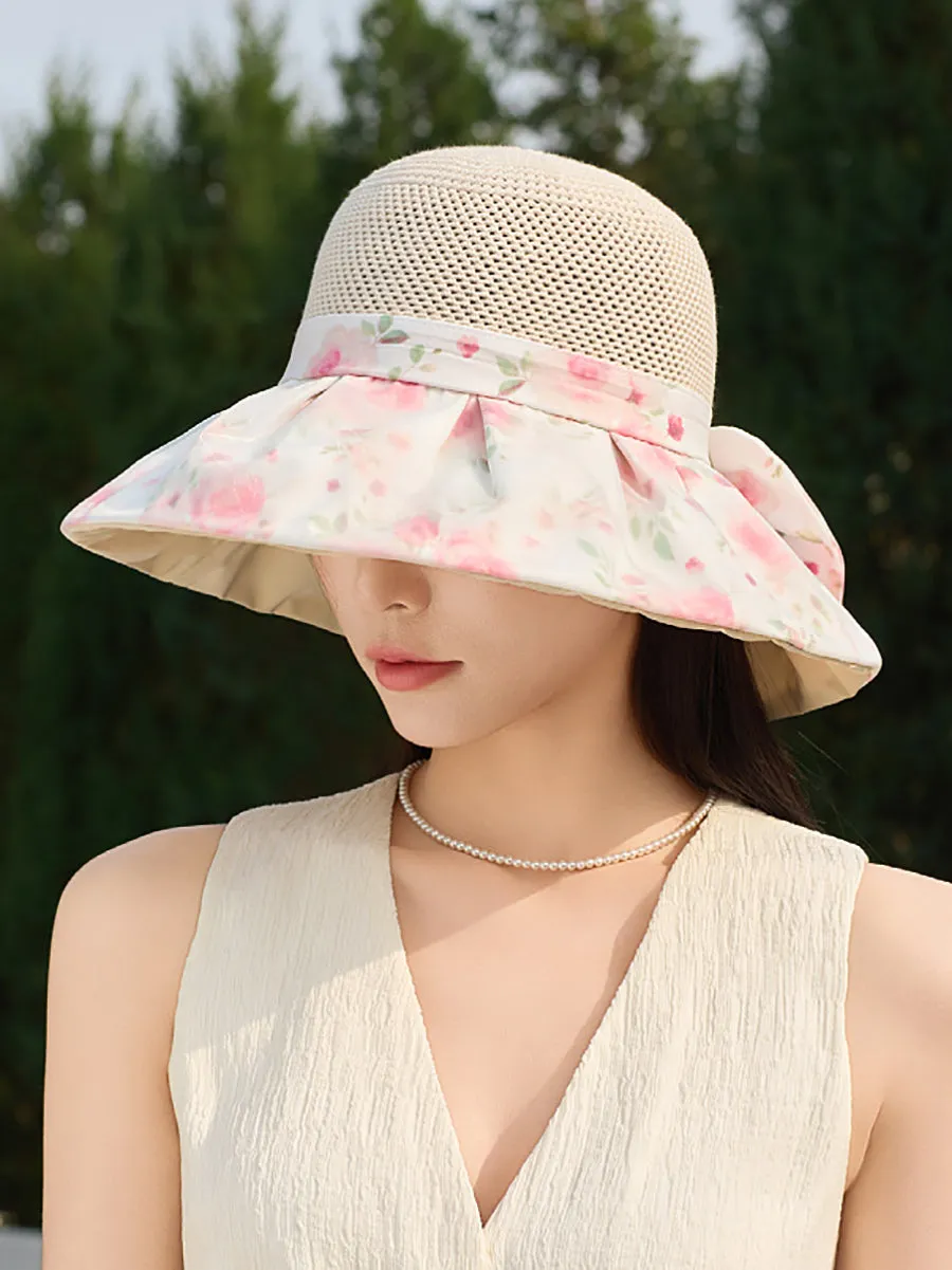 Women Summer Flower Spliced Bowknot Sunproof Hat