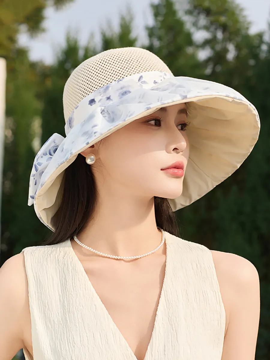 Women Summer Flower Spliced Bowknot Sunproof Hat