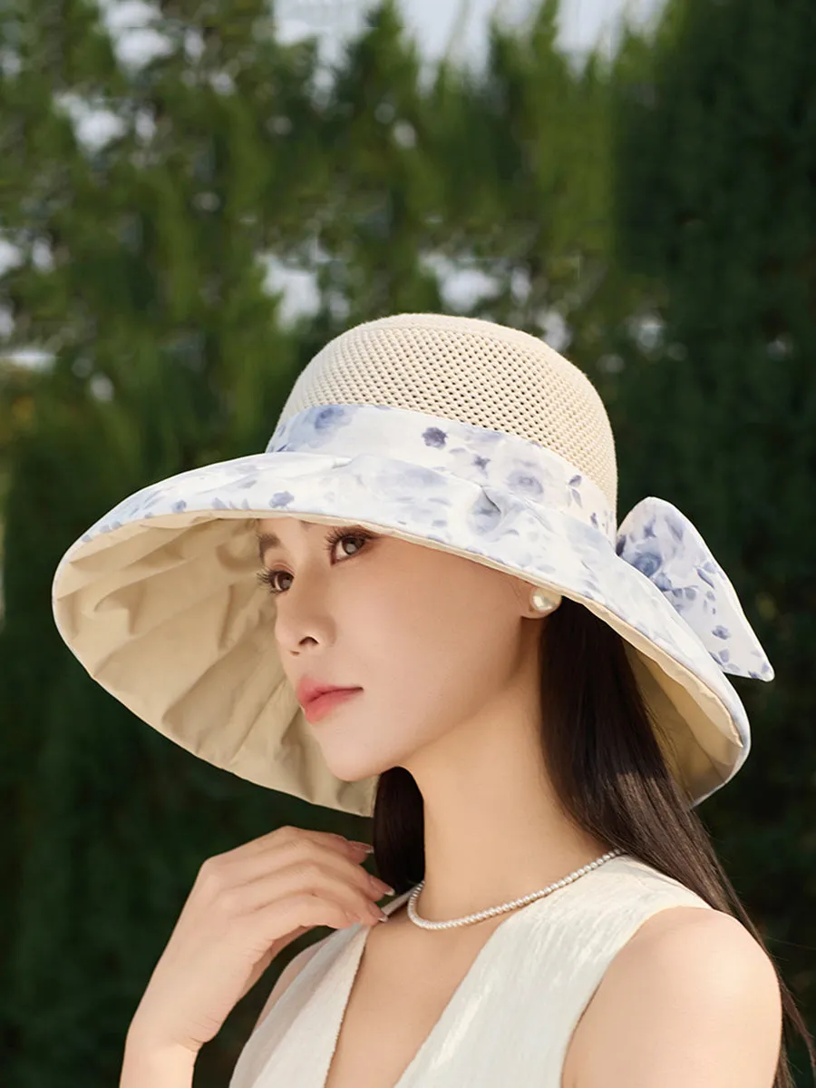 Women Summer Flower Spliced Bowknot Sunproof Hat