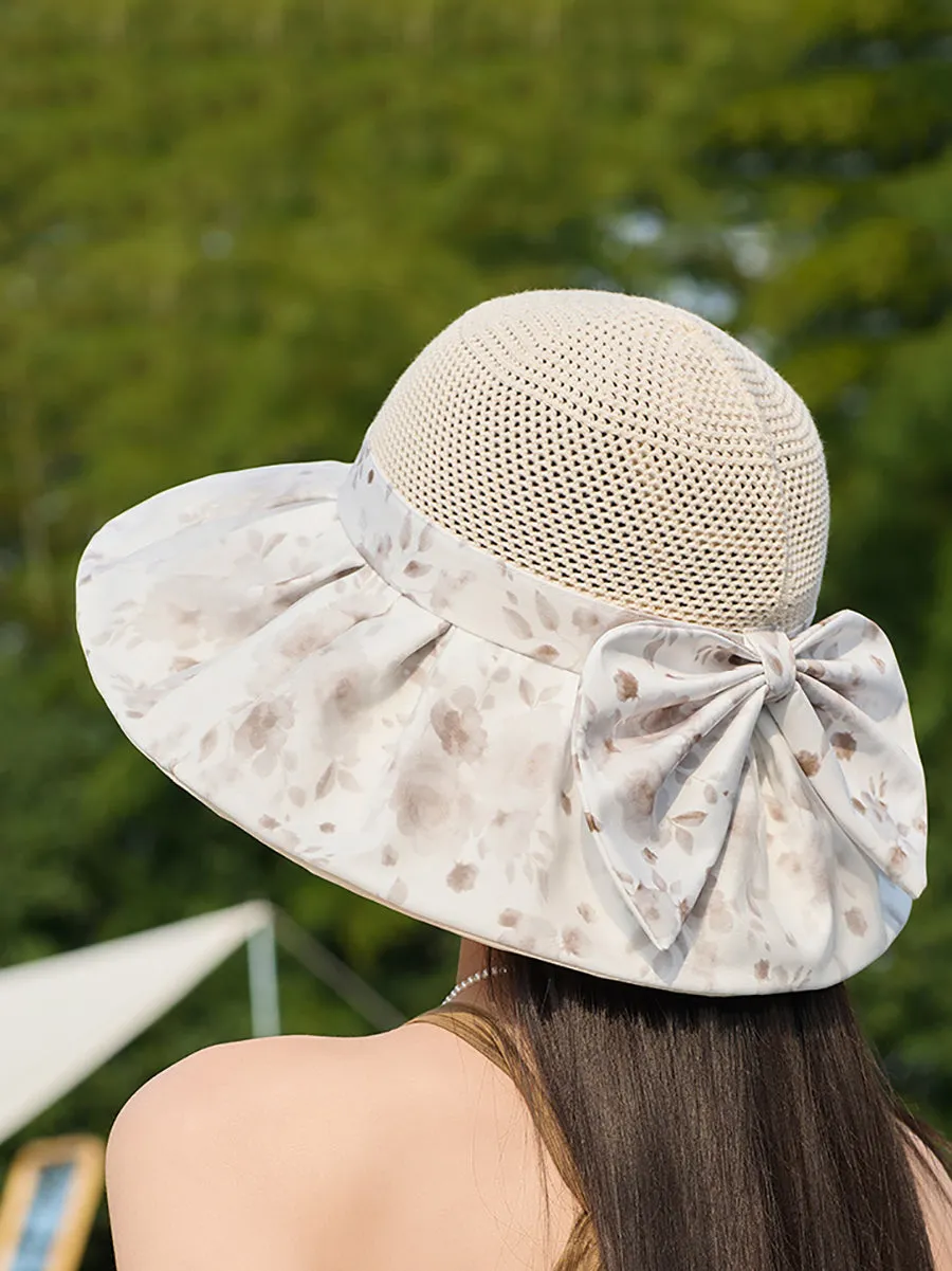 Women Summer Flower Spliced Bowknot Sunproof Hat