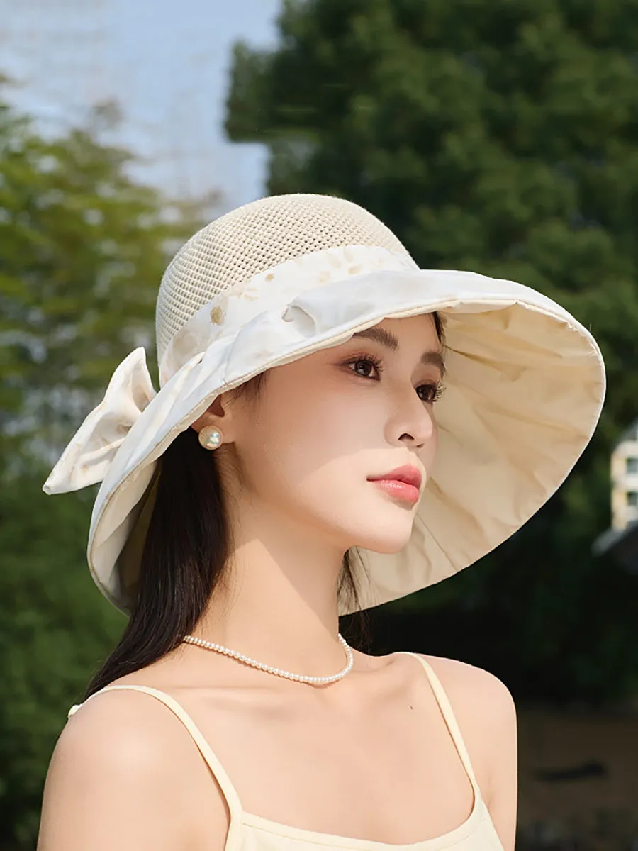 Women Summer Flower Spliced Bowknot Sunproof Hat