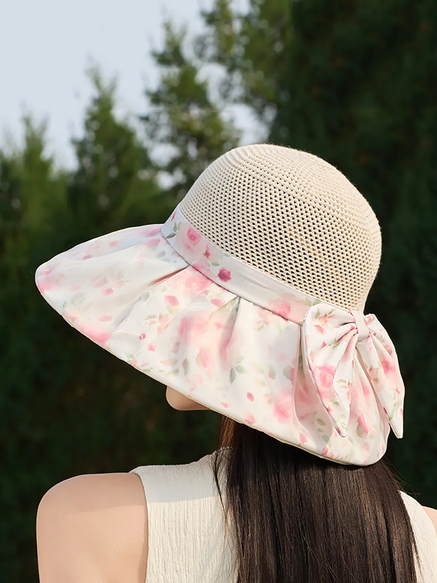 Women Summer Flower Spliced Bowknot Sunproof Hat