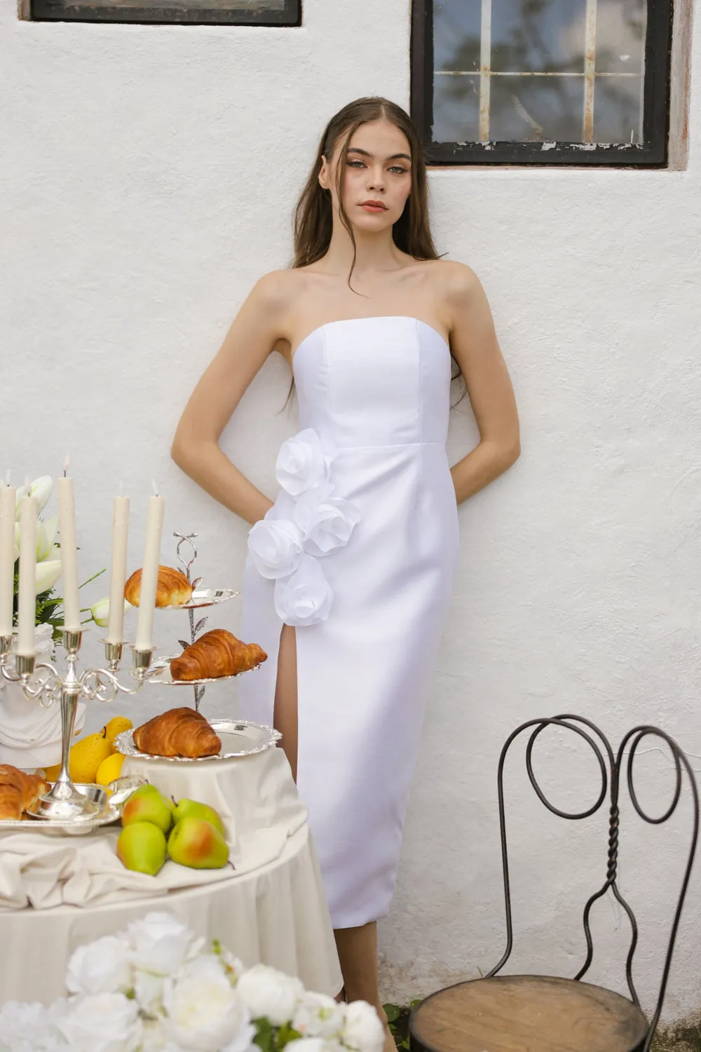 ZAIRA Curve Neckline Midi Dress with Tie Back and Floral Detail on Slit (White Gazaar)