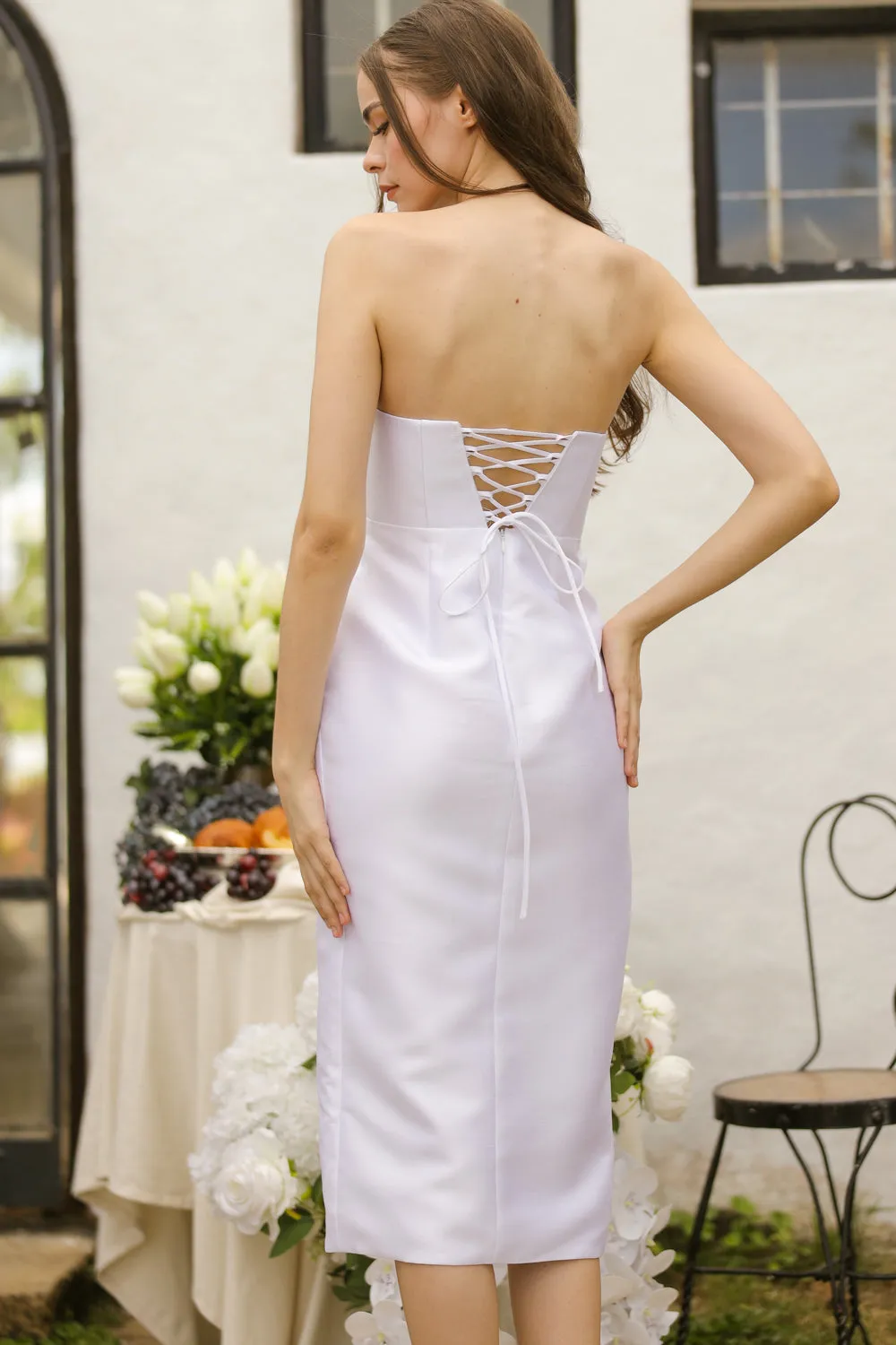 ZAIRA Curve Neckline Midi Dress with Tie Back and Floral Detail on Slit (White Gazaar)