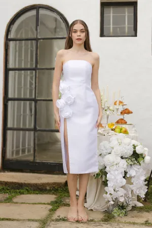 ZAIRA Curve Neckline Midi Dress with Tie Back and Floral Detail on Slit (White Gazaar)