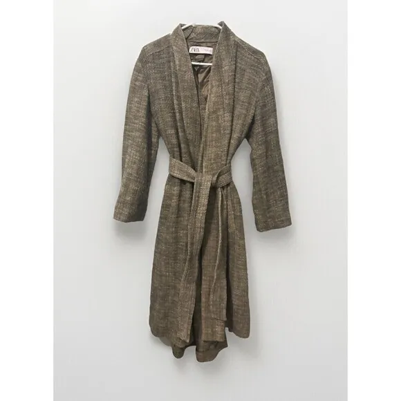 Zara Long Trench Coat 100% cotton Green with pockets and belt Size S