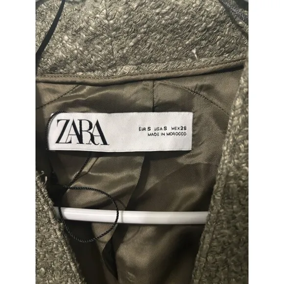 Zara Long Trench Coat 100% cotton Green with pockets and belt Size S