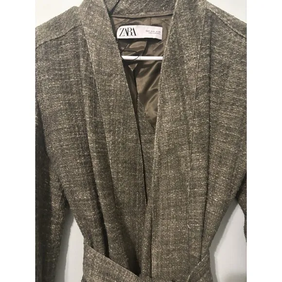 Zara Long Trench Coat 100% cotton Green with pockets and belt Size S
