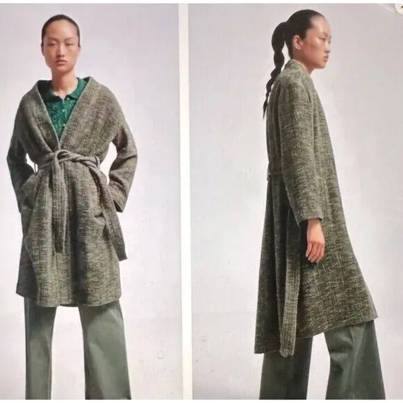 Zara Long Trench Coat 100% cotton Green with pockets and belt Size S