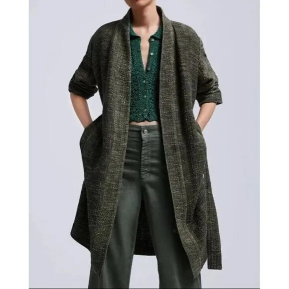 Zara Long Trench Coat 100% cotton Green with pockets and belt Size S