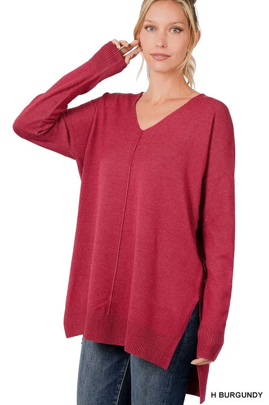 ZENANA Hi-Low Hem V-Neck Center Seam Sweater