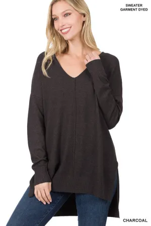 ZENANA Hi-Low Hem V-Neck Center Seam Sweater